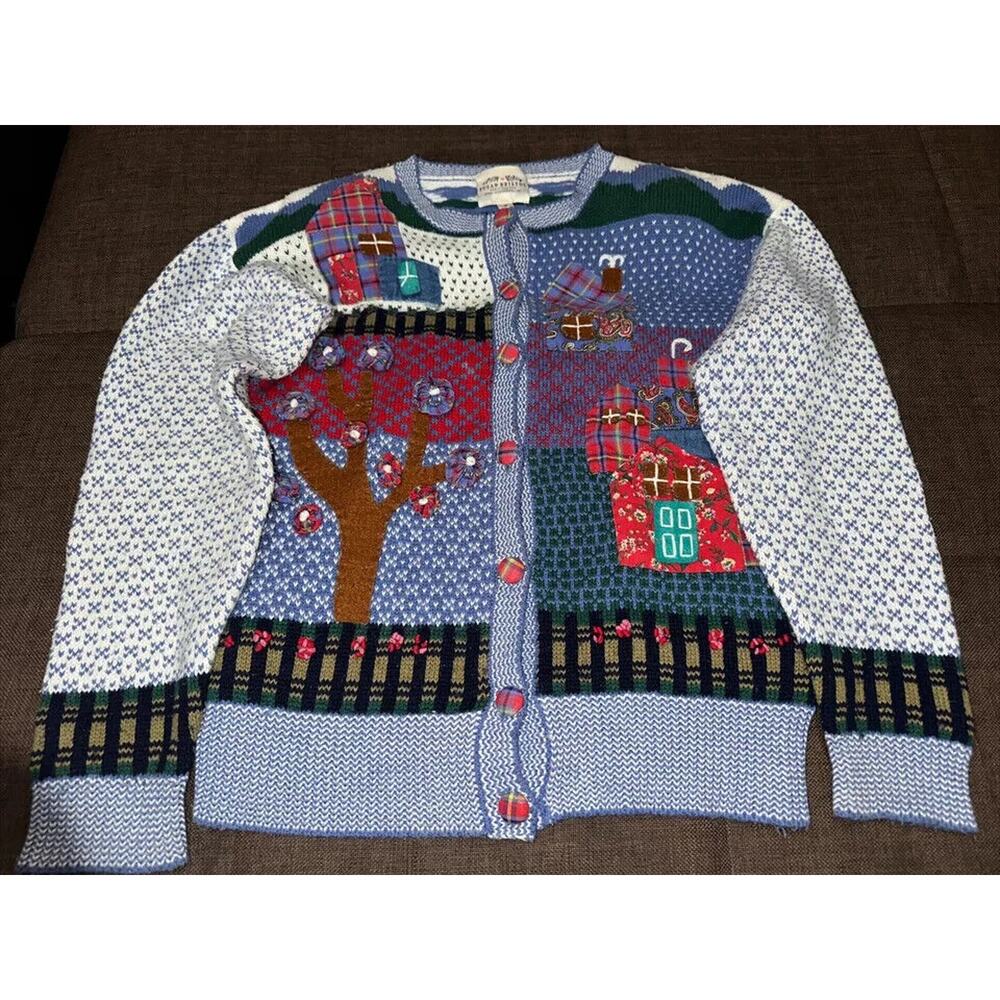 SUSAN BRISTOL VINTAGE 1991 BUTTON FRONT CARDIGAN FUN APPLIQUE SWEATER SMALL-EUC